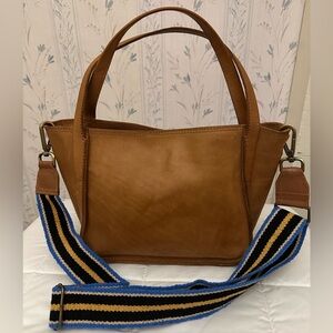 Margot Tan Leather Tote with Striped Strap